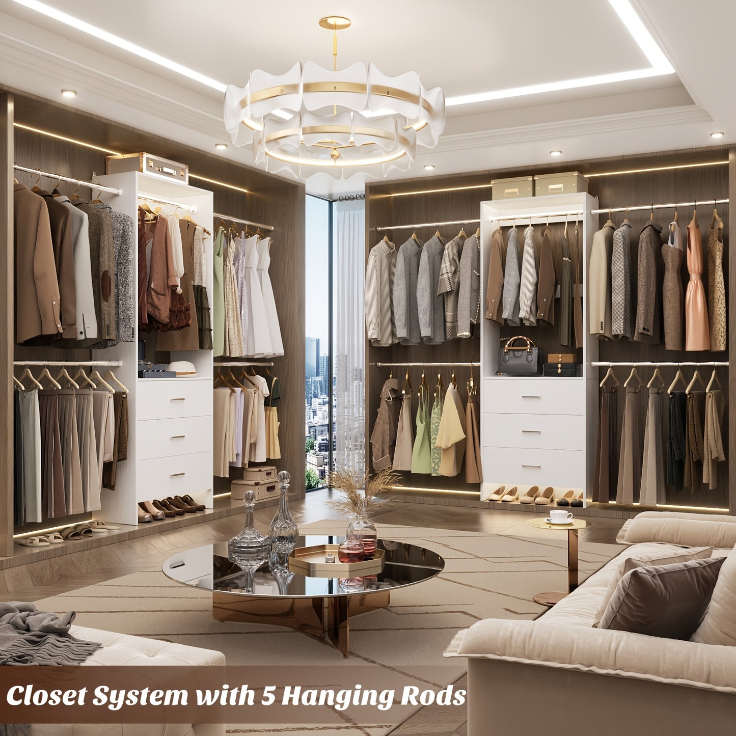 Walk-In Closet Organizer , White, with 3 Wooden Drawers and 4 Hanging Rods, Garment Rack,