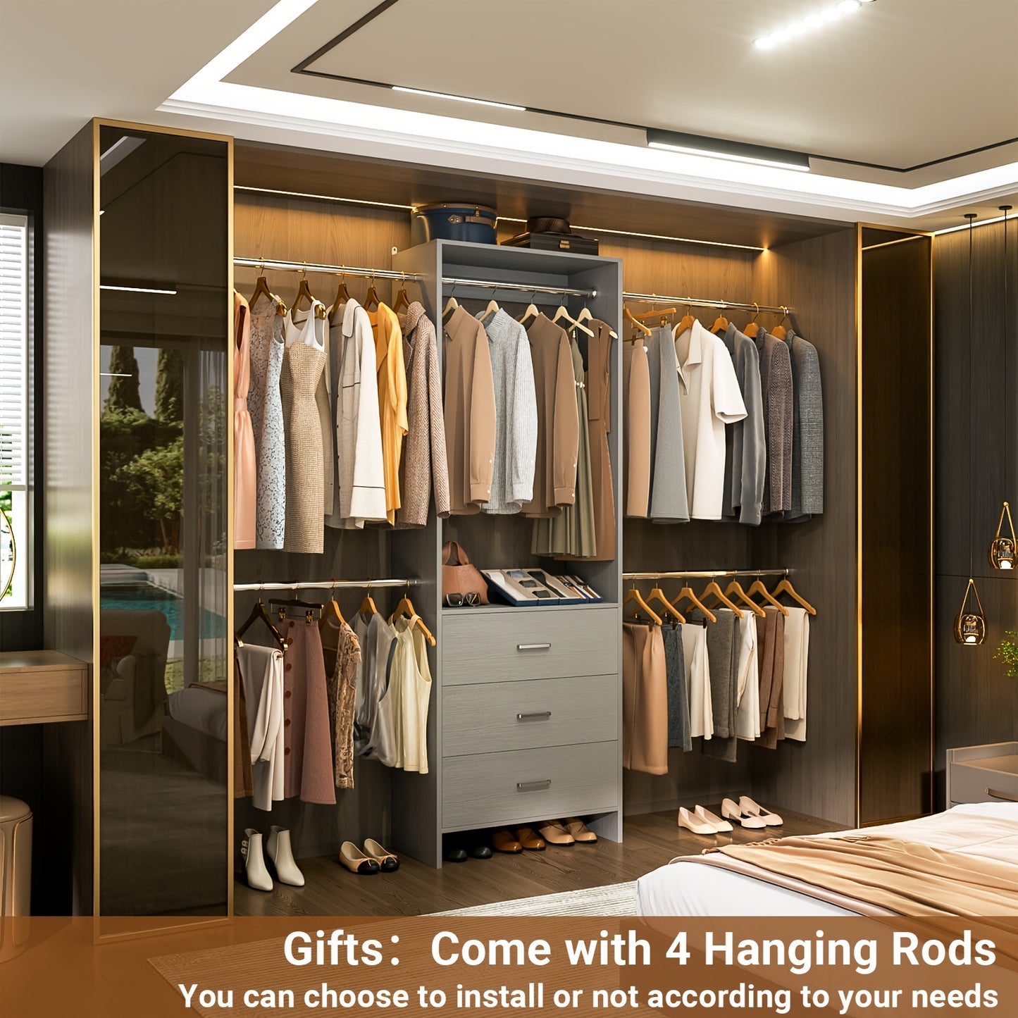 Walk-In Closet Organizer , White, with 3 Wooden Drawers and 4 Hanging Rods, Garment Rack,