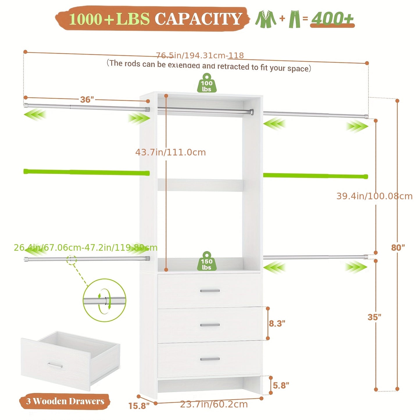 Walk-In Closet Organizer , White, with 3 Wooden Drawers and 4 Hanging Rods, Garment Rack,