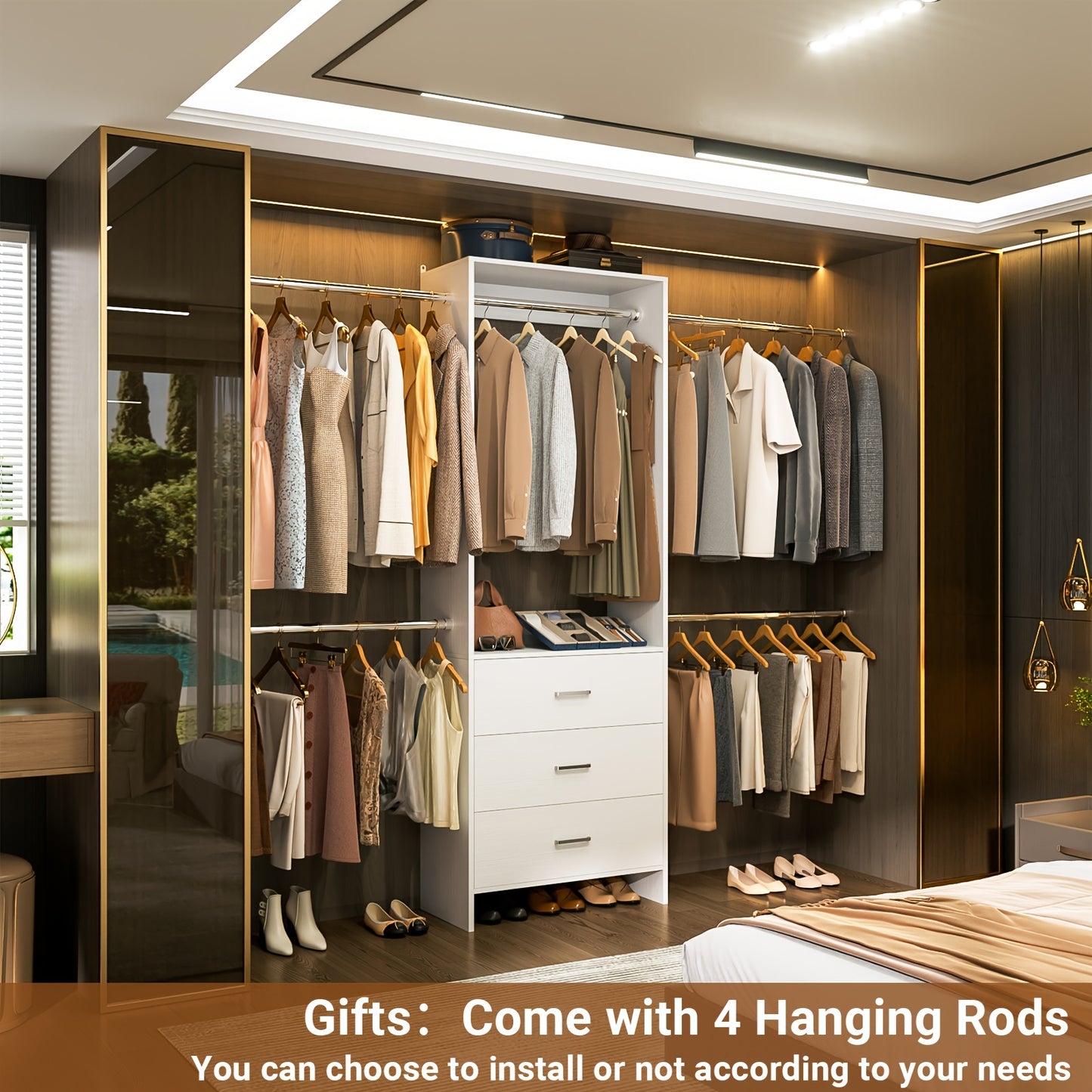 Walk-In Closet Organizer , White, with 3 Wooden Drawers and 4 Hanging Rods, Garment Rack,