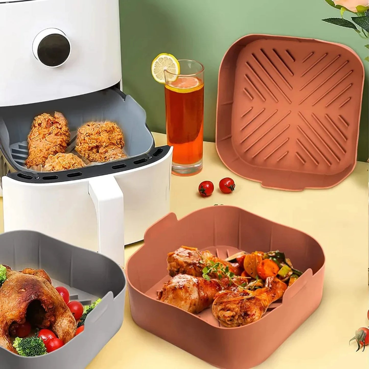 Non-stick Silicone Air Fryer Tray Mold for Oven Baking - Reusable Basket Liner Pan for Pizza