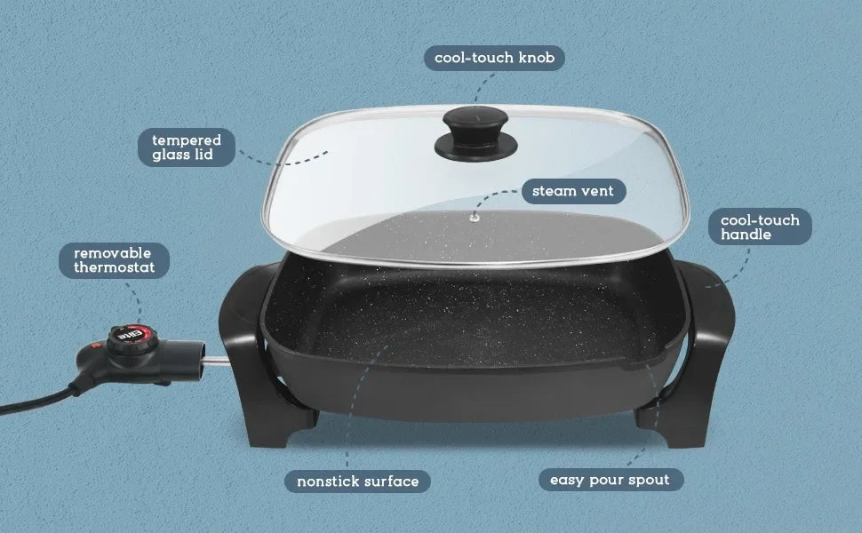 Non-stick Electric Skillet with Glass Vented Lid10.5Qt. Scratch Resistant, Dishwasher Safe,