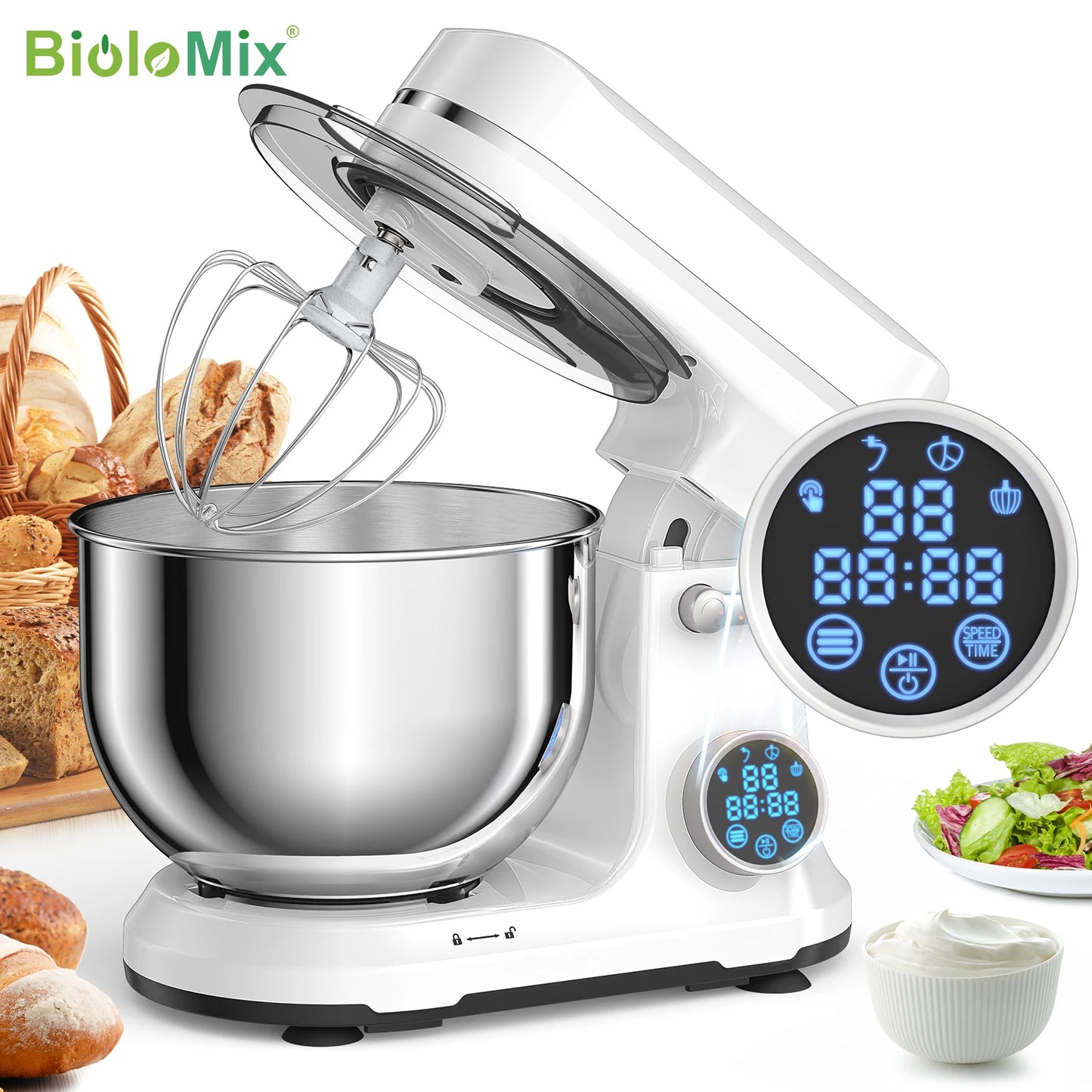 BioloMix Kitchen Food Stand Mixer 1200W 11-Speeds DC Motor Digital OLED Screen