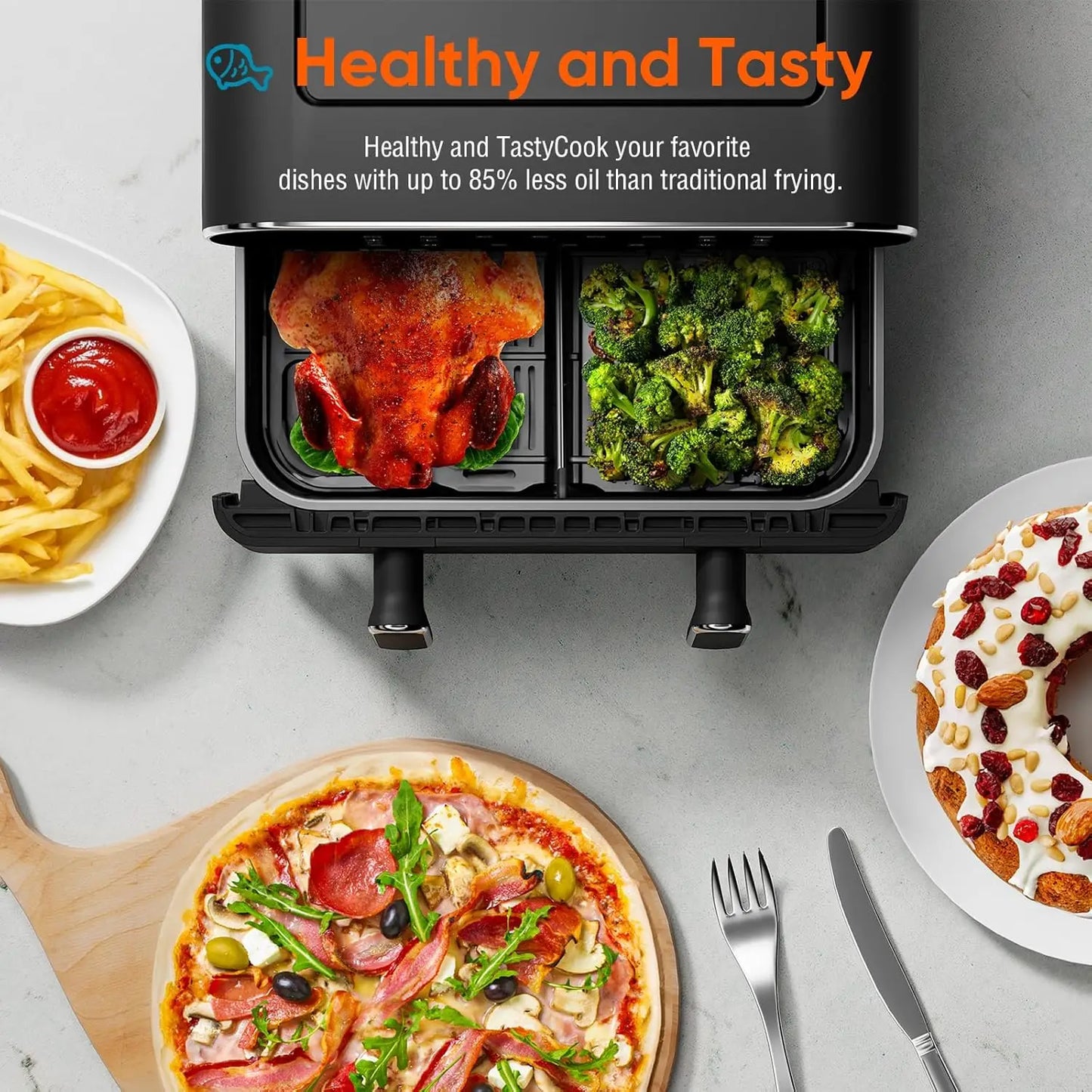 Large Air Fryer - 8 in 1 XL Airfryer with Basket Divider, Air Fry, Roast, Broil, Bake, Reheat, Dehydrate,