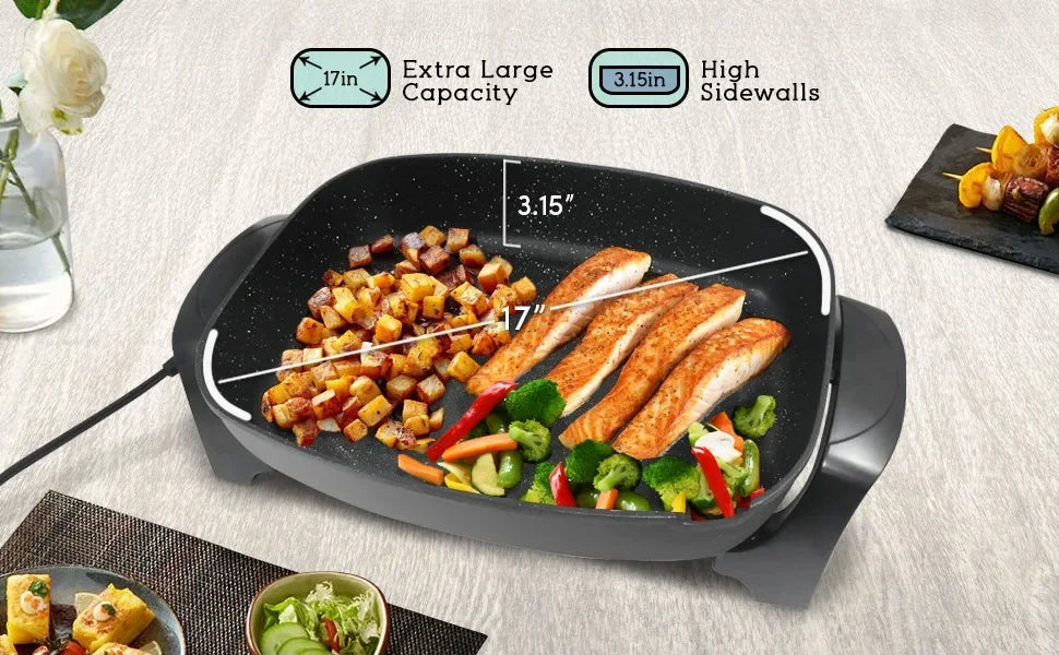 Non-stick Electric Skillet with Glass Vented Lid10.5Qt. Scratch Resistant, Dishwasher Safe,