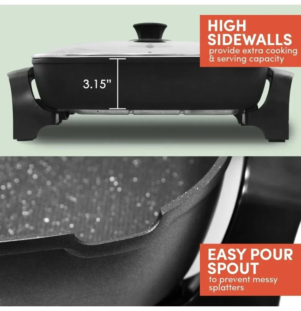 Non-stick Electric Skillet with Glass Vented Lid10.5Qt. Scratch Resistant, Dishwasher Safe,
