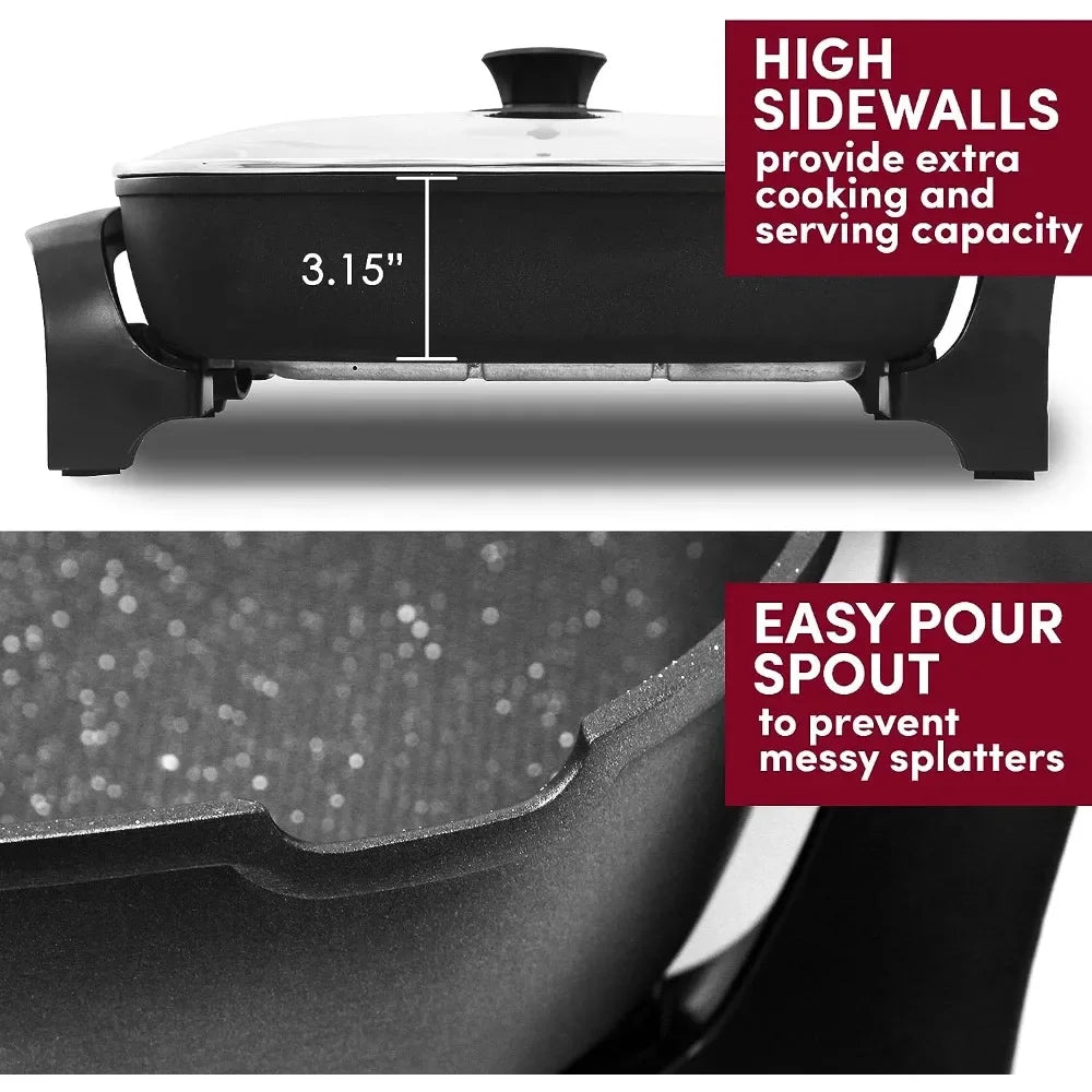 Non-stick Electric Skillet with Glass Vented Lid10.5Qt. Scratch Resistant, Dishwasher Safe,