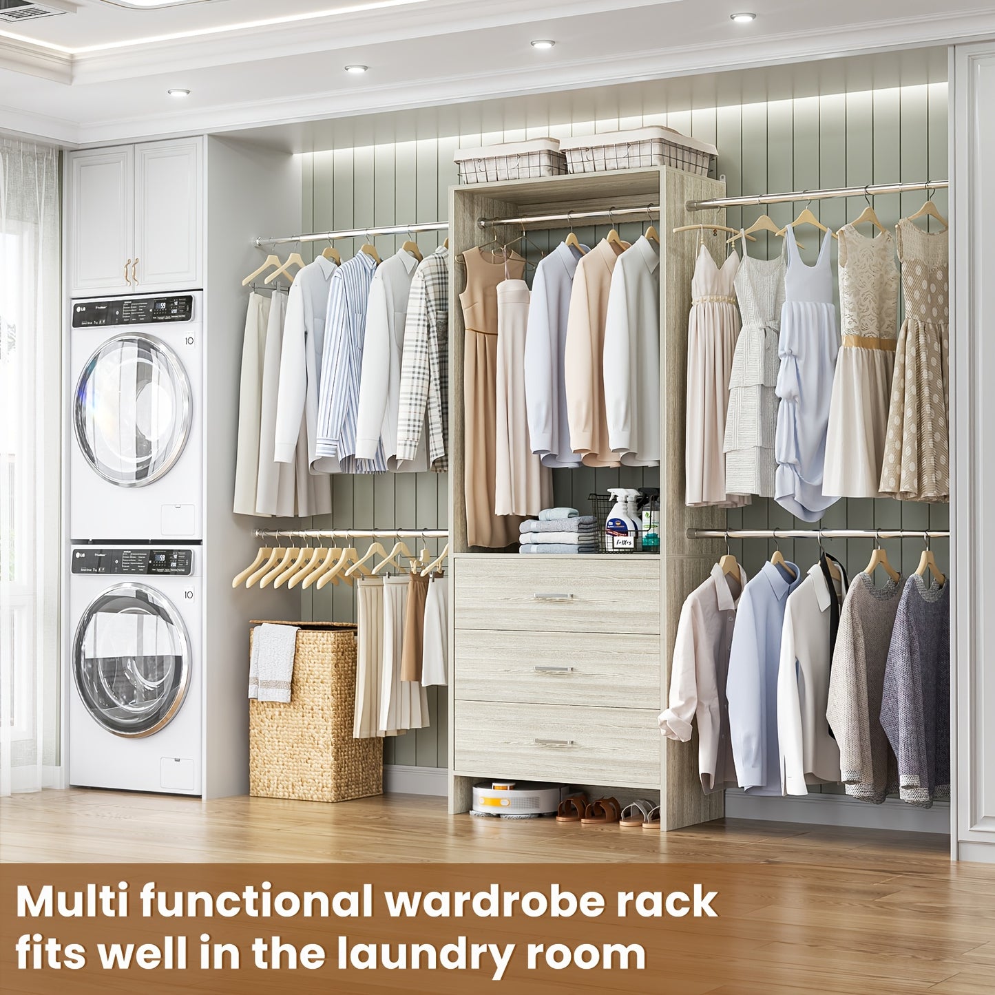 Walk-In Closet Organizer , White, with 3 Wooden Drawers and 4 Hanging Rods, Garment Rack,