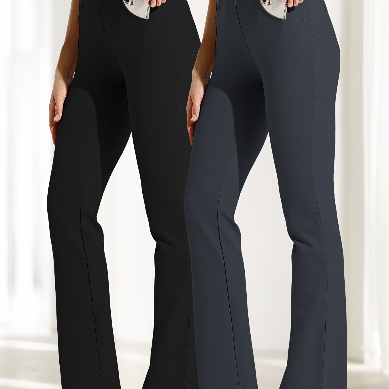 2pcs Yoga Dress Pants With 4 Pockets For Women Wide Leg Pants High Waist