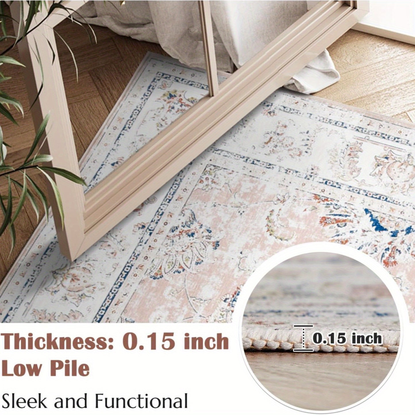Floral Print Area Rug, Washable, Stain Resistant, Low Pile, Boho Style