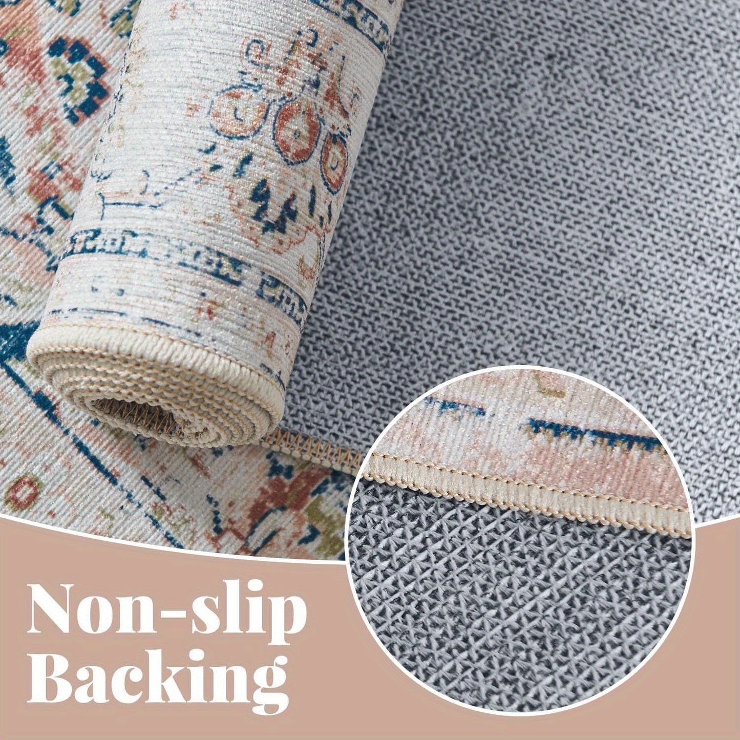 Floral Print Area Rug, Washable, Stain Resistant, Low Pile, Boho Style