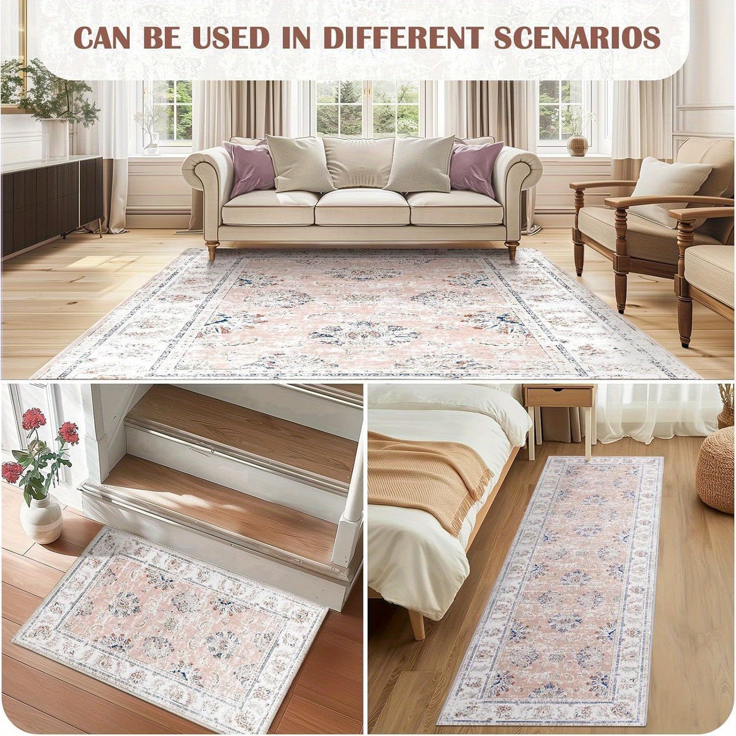 Floral Print Area Rug, Washable, Stain Resistant, Low Pile, Boho Style