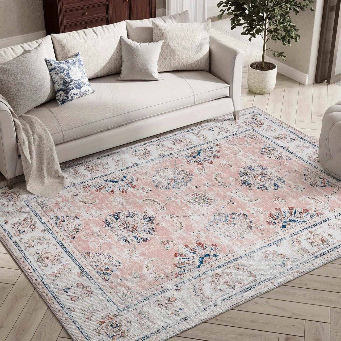 Floral Print Area Rug, Washable, Stain Resistant, Low Pile, Boho Style