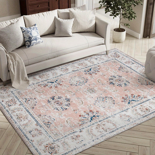 Floral Print Area Rug, Washable, Stain Resistant, Low Pile, Boho Style