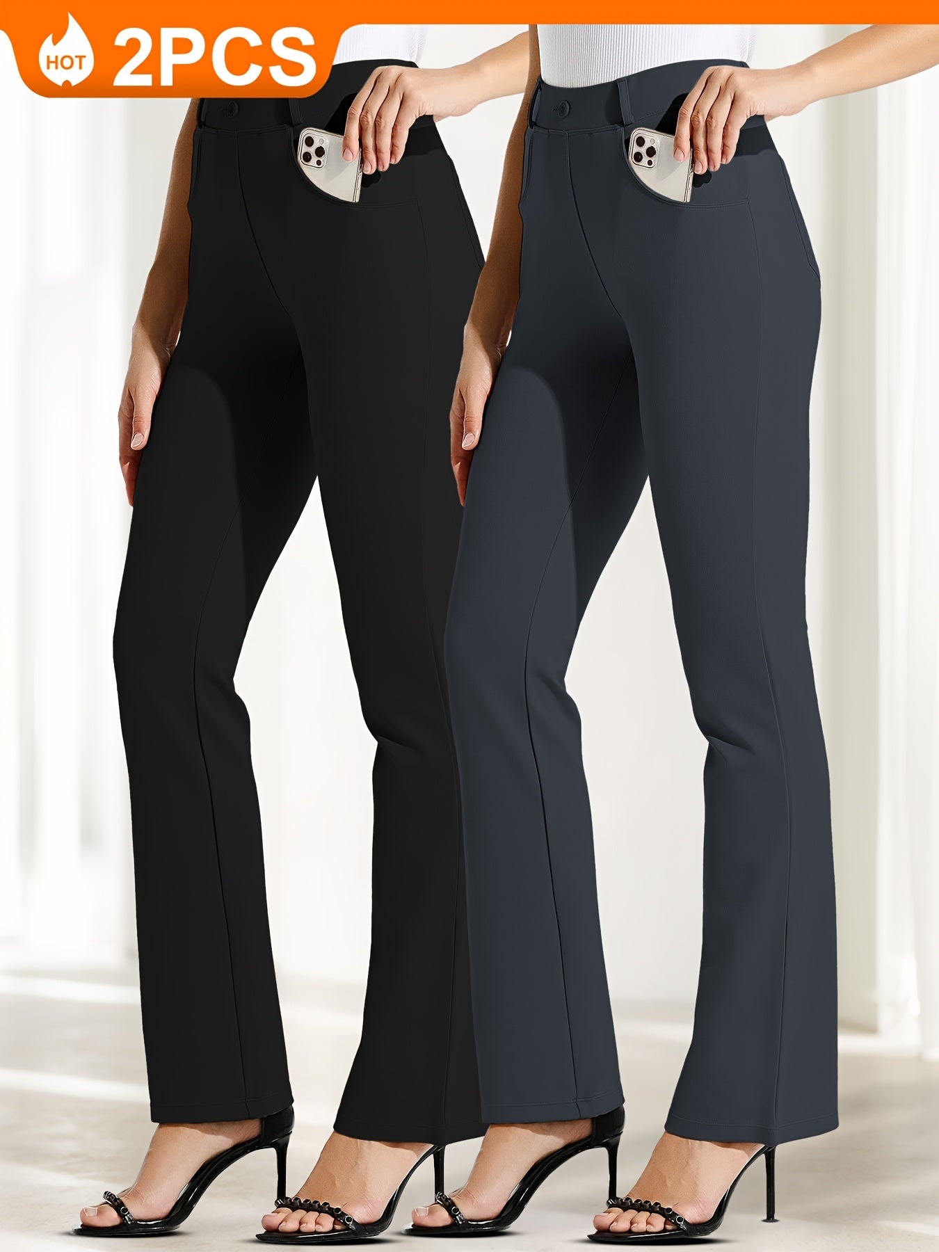 2pcs Yoga Dress Pants With 4 Pockets For Women Wide Leg Pants High Waist