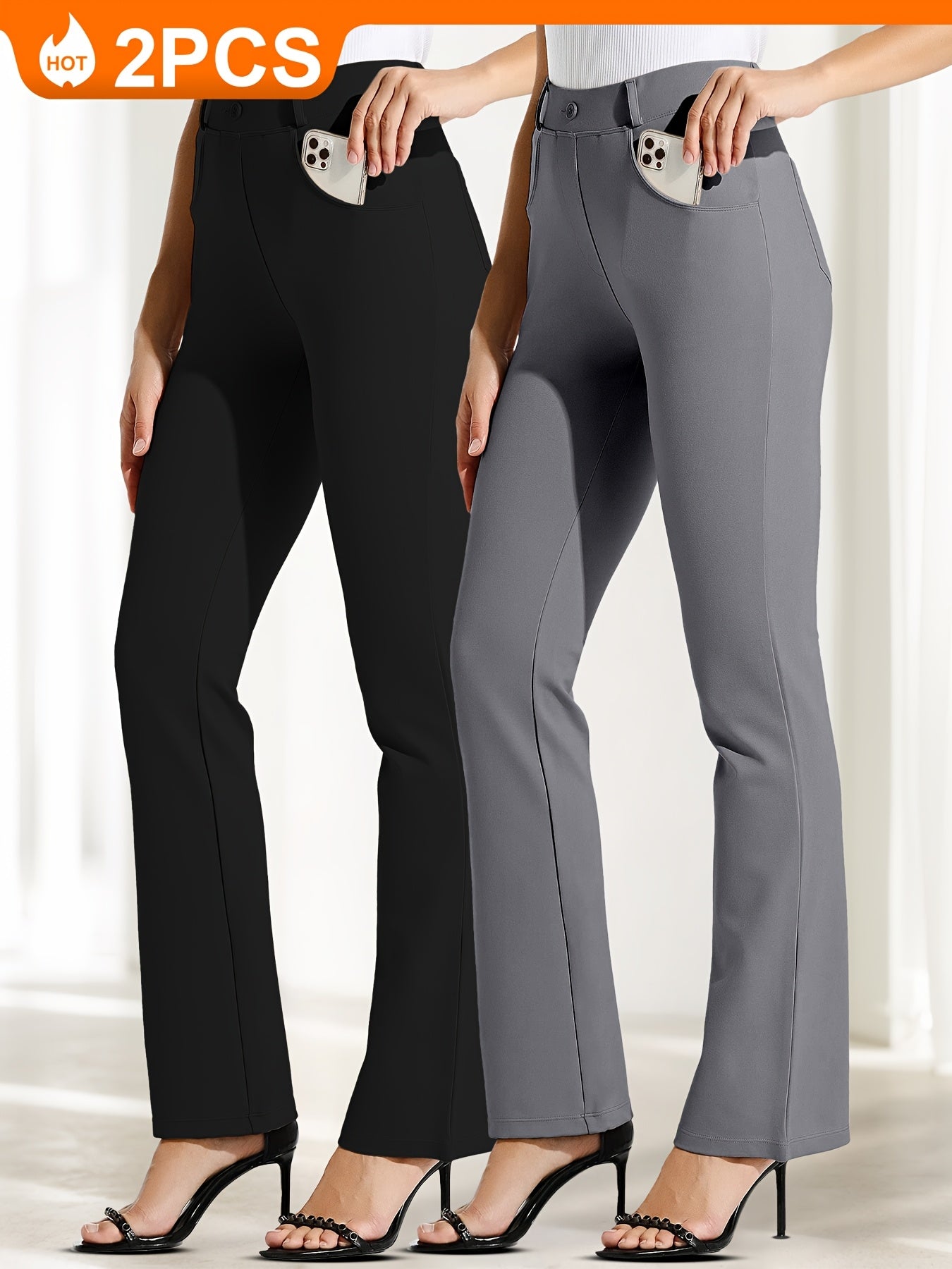 2pcs Yoga Dress Pants With 4 Pockets For Women Wide Leg Pants High Waist