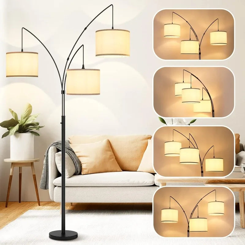 3 Lights Arc Floor Lamp with Shades & Heavy Base