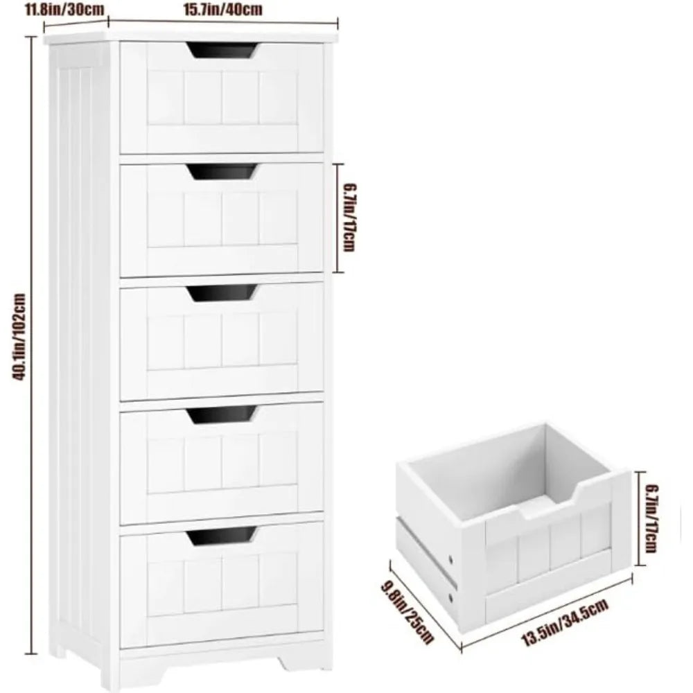 Floor Cabinet, Free-Standing Storage Cabinet with 5 Drawers, 11.8” x 15.7” x 40.1”