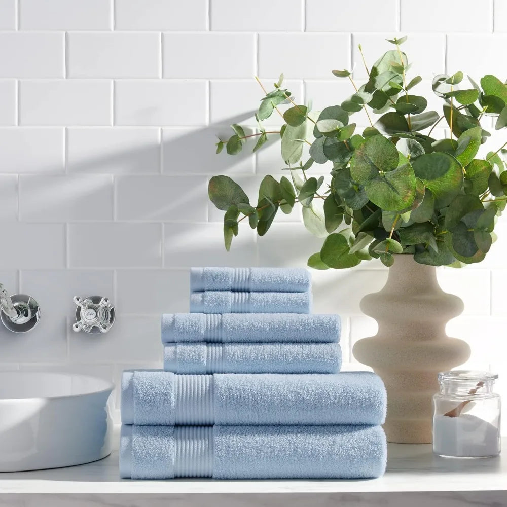 Bath Towels Set of 6, 2 Shower Towels, 2 Hand Towels and 2 Washcloths, Super Soft 100% Cotton,