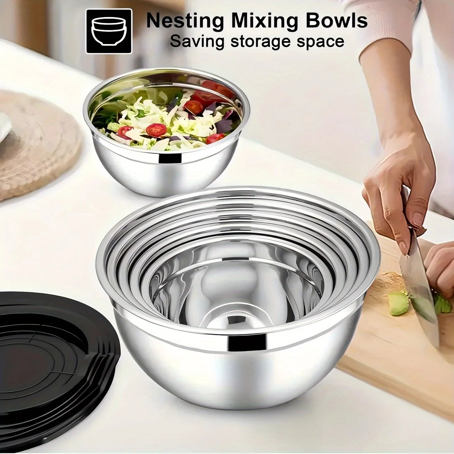 17pcs, Stainless Steel Mixing Bowl Set Mixing Bowls With Lids Grater Attachment, Non-Slip Kitchen Gadget Set, Mixing And Serving