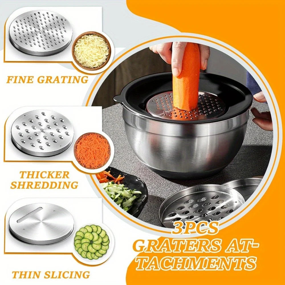 17pcs, Stainless Steel Mixing Bowl Set Mixing Bowls With Lids Grater Attachment, Non-Slip Kitchen Gadget Set, Mixing And Serving