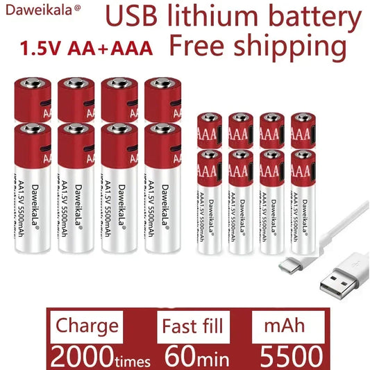 AA + AAA  rechargeable lithium ion battery AA 1.5V USB fast charging lithium ion battery