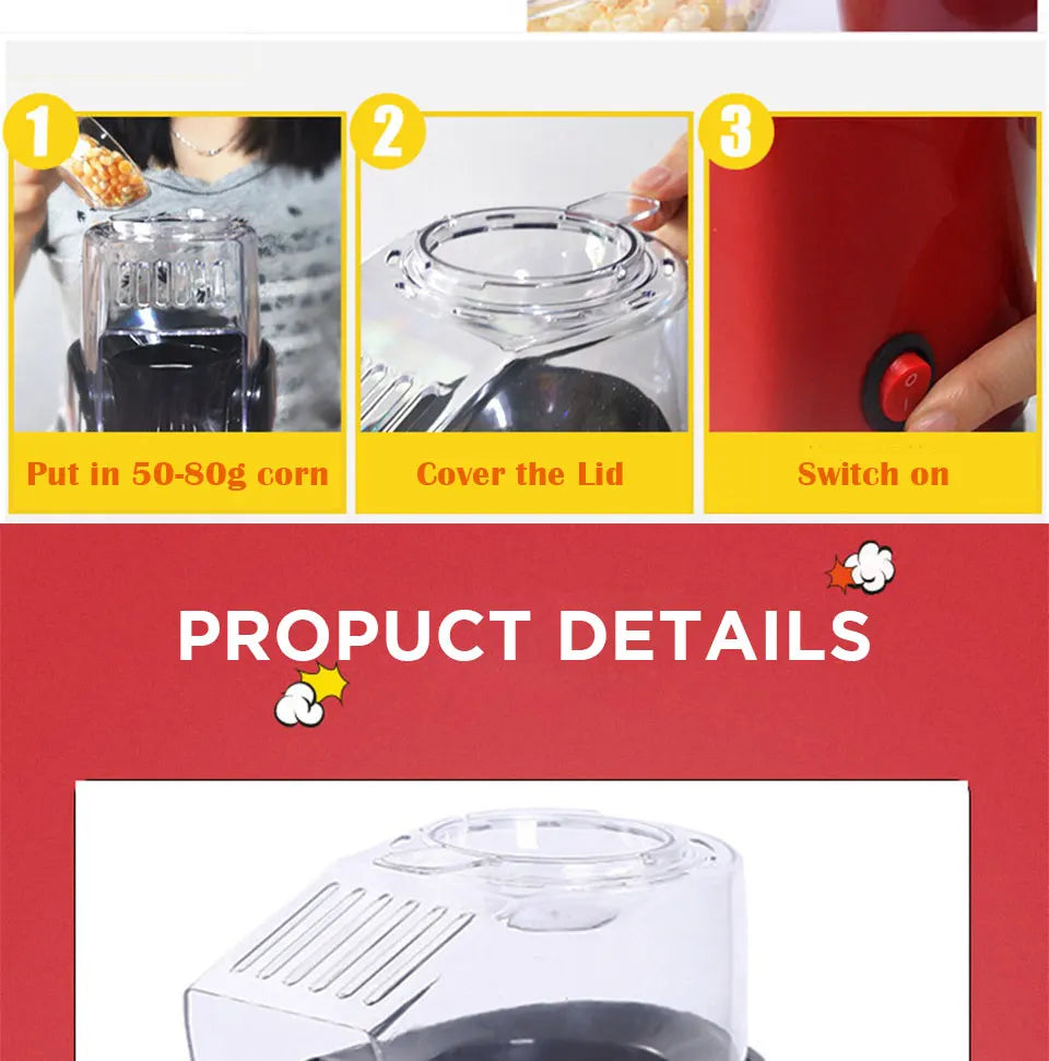 Oil-free Air Corn Machine, Pipoqueir Eletrica Hot Air Machine Mini Popcorn Maker Machine-1200W Household Healthy Home Kitchen