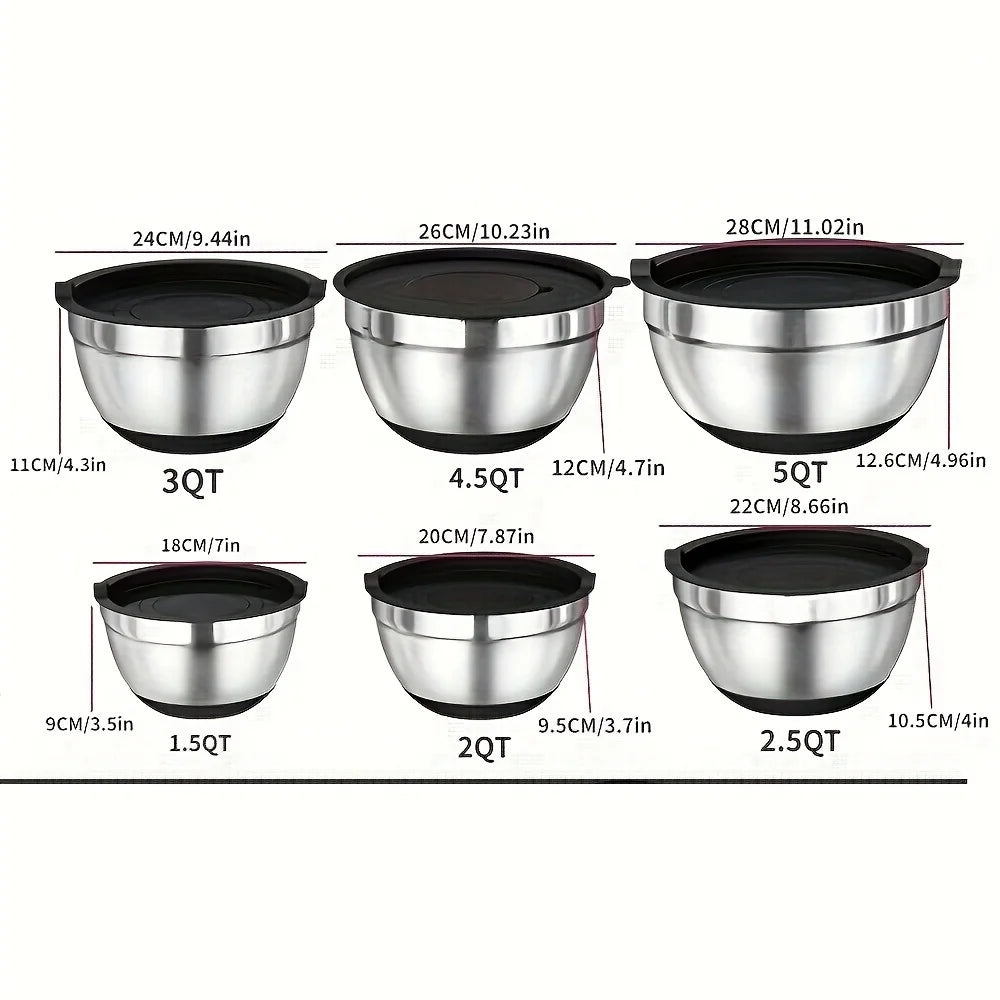 17pcs, Stainless Steel Mixing Bowl Set Mixing Bowls With Lids Grater Attachment, Non-Slip Kitchen Gadget Set, Mixing And Serving