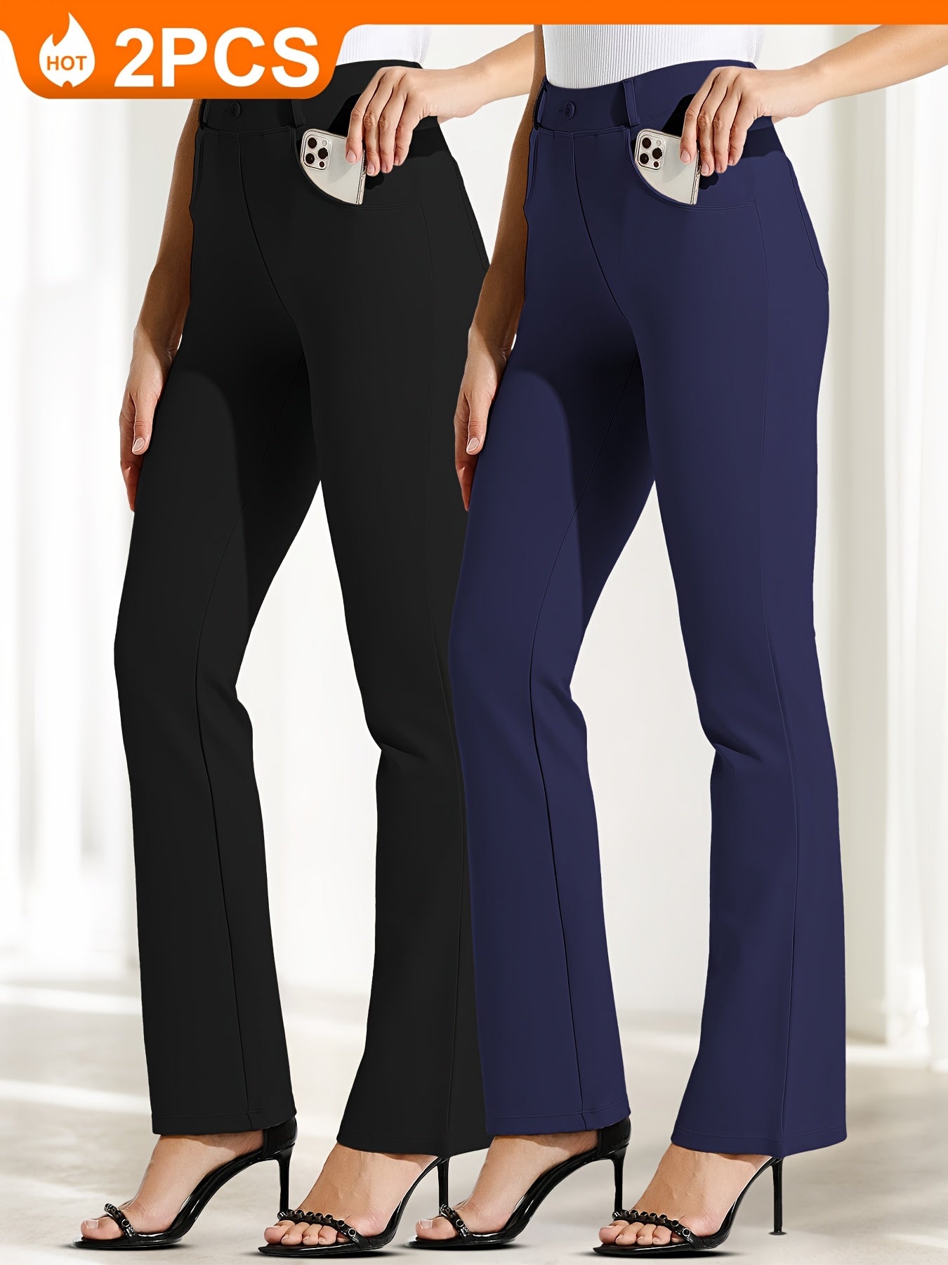 2pcs Yoga Dress Pants With 4 Pockets For Women Wide Leg Pants High Waist