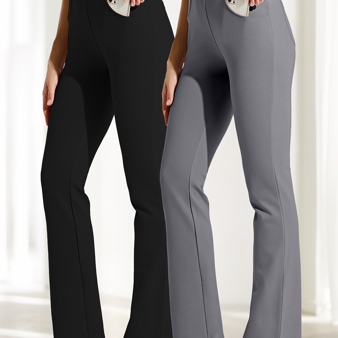 2pcs Yoga Dress Pants With 4 Pockets For Women Wide Leg Pants High Waist